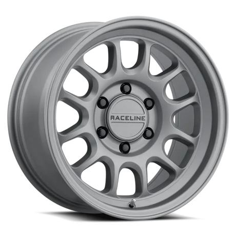 Silver car wheel featuring Raceline Rogue Titanium 17x9 with 5X127 bolt pattern