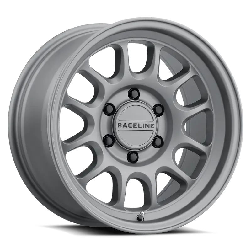 Silver-colored multi-spoke wheel from Raceline Rogue Titanium series on 958T-79060-12
