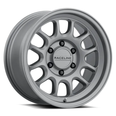 Silver-colored multi-spoke wheel from Raceline Rogue Titanium series on 958T-79060-12