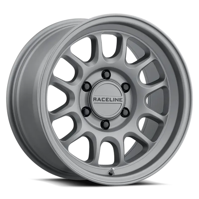 Silver-colored multi-spoke wheel from Raceline Rogue Titanium series on 958T-79060-12