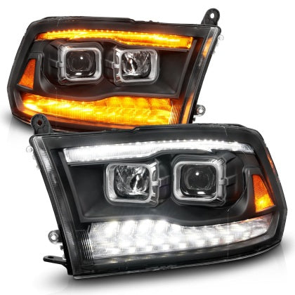 111611 ANZO 09-18 Dodge Ram 1500/2500/3500 Proj HL Headlights Switchback + Sequential - Black Amber 
