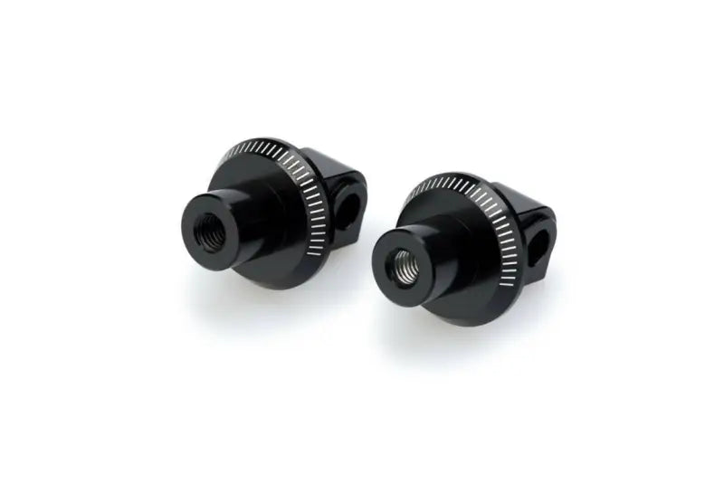 Black threaded knobs with knurled edges on 9657N footpeg adapter for racing footpegs