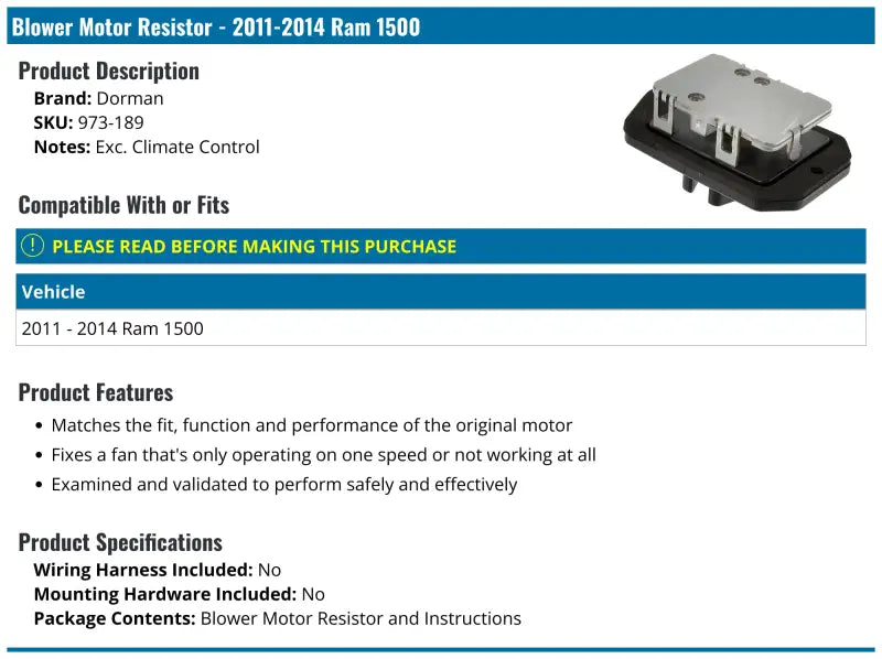 Blower motor resistor from Dorman BMR with precision engineering for perfect fit