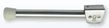 Silver metal shower curtain rod with Garelick Swing Leg for easy setup