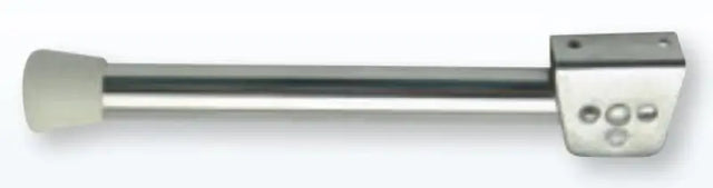 Silver metal shower curtain rod with Garelick Swing Leg for easy setup