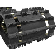 Rubber trail track with metal crossbars and aggressive tread for snowmobiles or ATVs