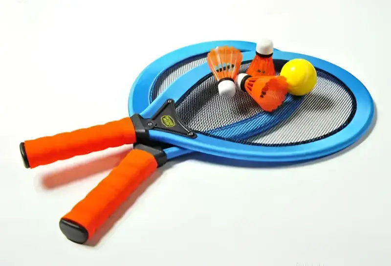 Blue badminton racket set with orange handles and shuttlecocks in G.S.I.Sports Freestyle Racket Set