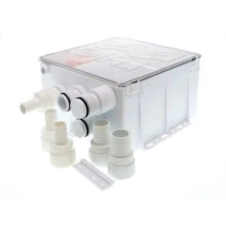 White macerator pump with fittings for 99B Rule Shower Sump 1100Gph 12V system
