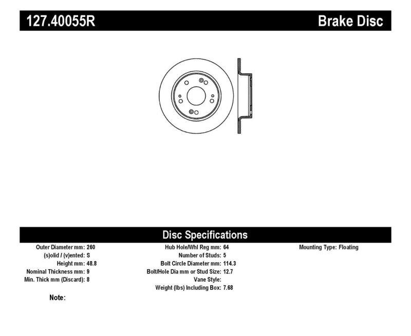 Stoptech 127.40055R StopTech 04-08 Acura TSX / 03-07 Honda Accord SportStop Slotted & Drilled Right Rear Rotor