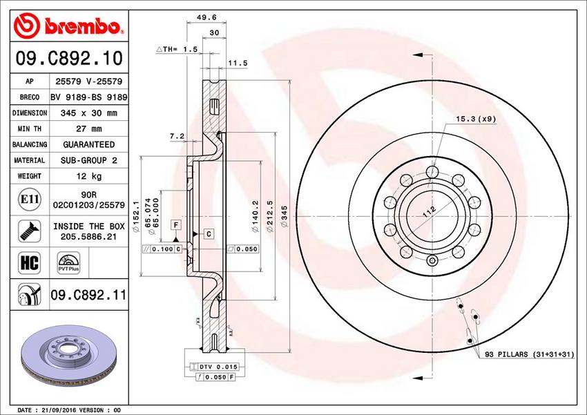 Brembo Components Not Hazardous To Health Brake Rotor 09C89211C02 - Disc