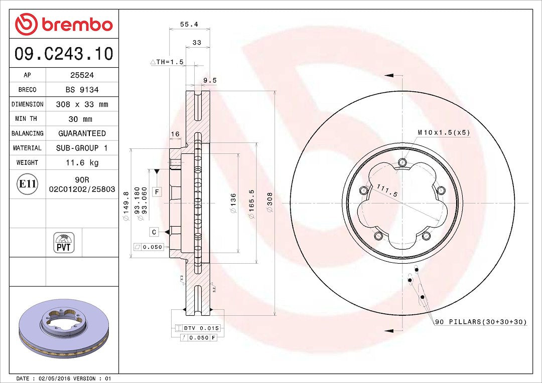 Brembo Rust-Resistant Coating Brake Rotor 09C24310C02 - Disc