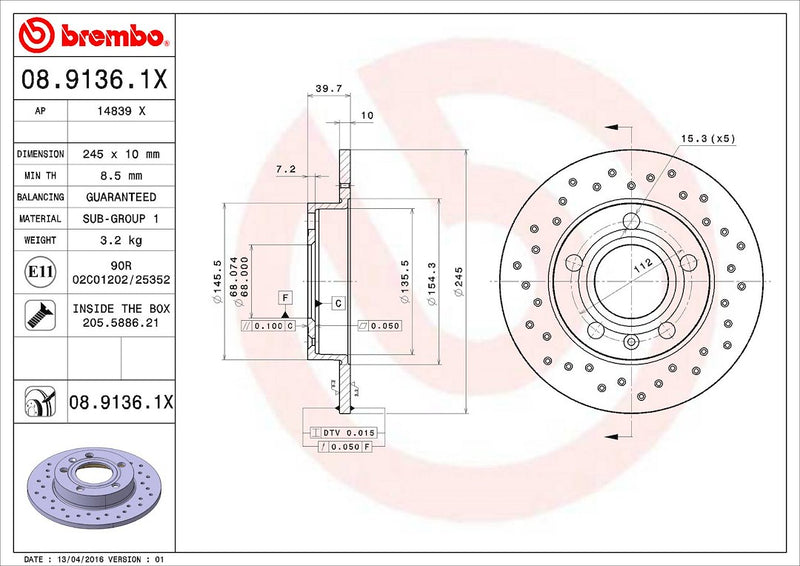 Brembo 0891361XC02 Brake Rotor