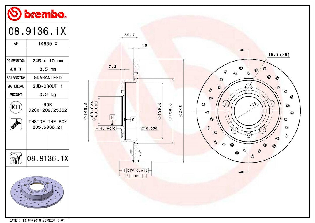 Brembo 0891361XC02 Brake Rotor