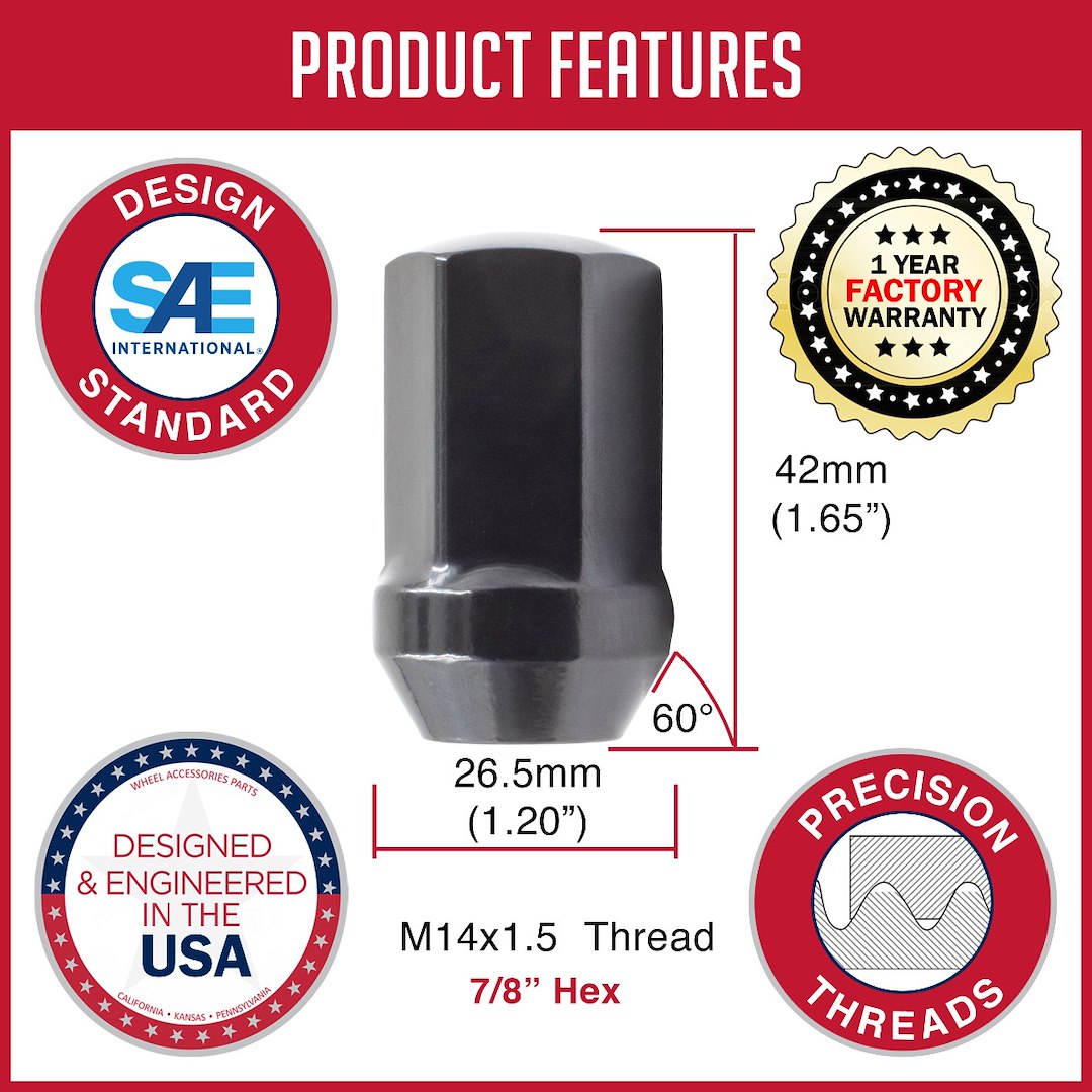 Revolution One Piece Solid Design Lug Nut 53K548Black - BK Dodge M14 20 53K548BLK