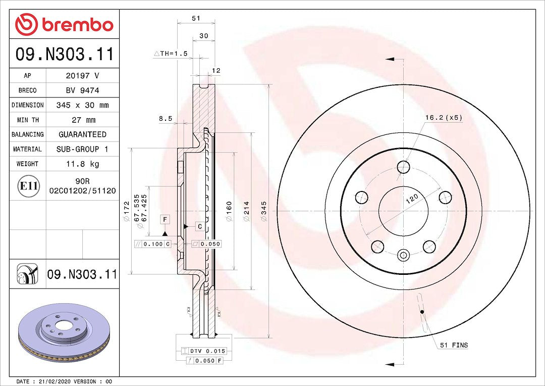 Brembo Rust-Resistant Coating Brake Rotor 09N30311C02 - Disc