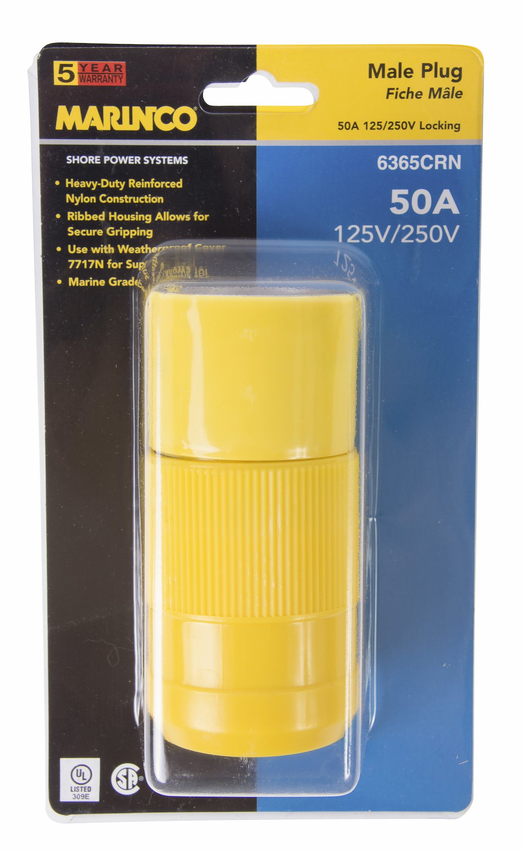 Marinco Contoured Grip Power Cord Plug End 6364CRN - Yellow Female Connector 50A