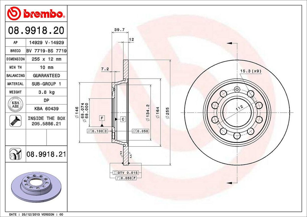 Brembo Components Not Hazardous To Health Brake Rotor 08991821C02 - Disc