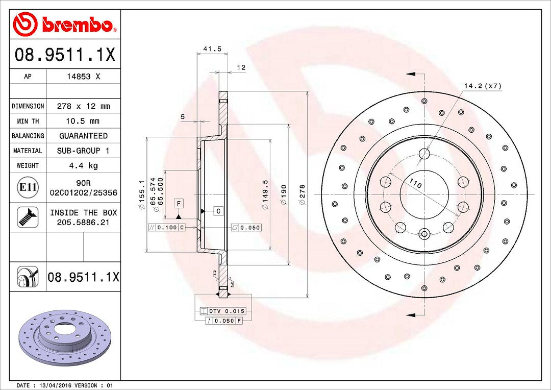 Brembo 0895111XC02 Brake Rotor