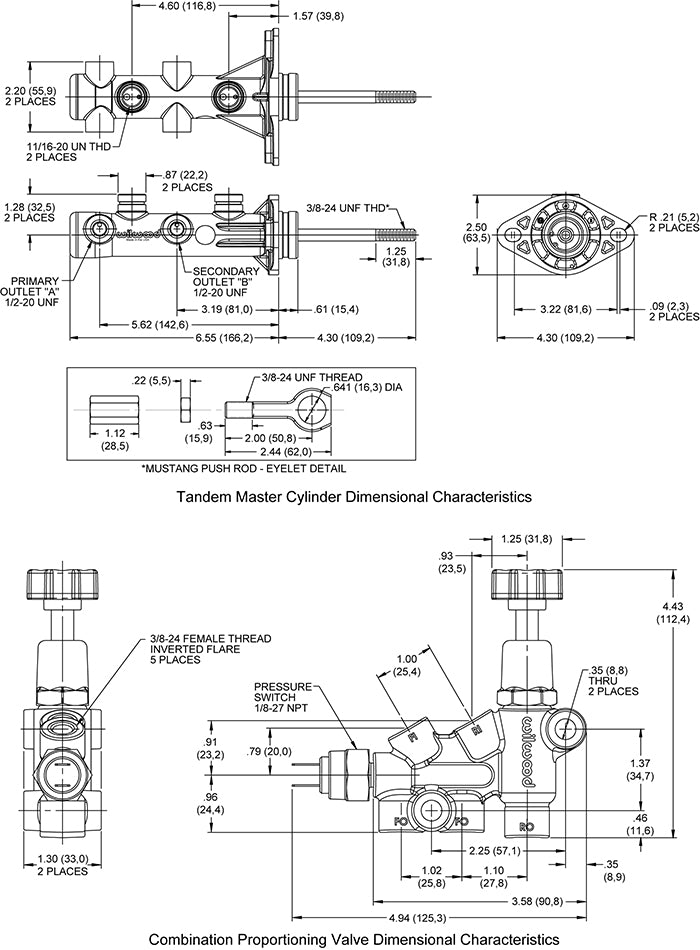 Wilwood Rust-Free Performance Brake Master Cylinder 261-15493-BK - Kit Remote Tandem 15 16 Mustang