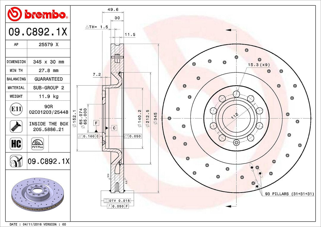 Brembo 09C8921XC02 Brake Rotor