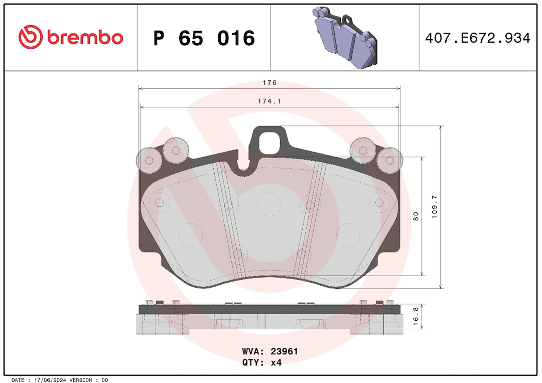 Brembo Premium Low-Met OE Equivalent Pad Brake Pad P65016