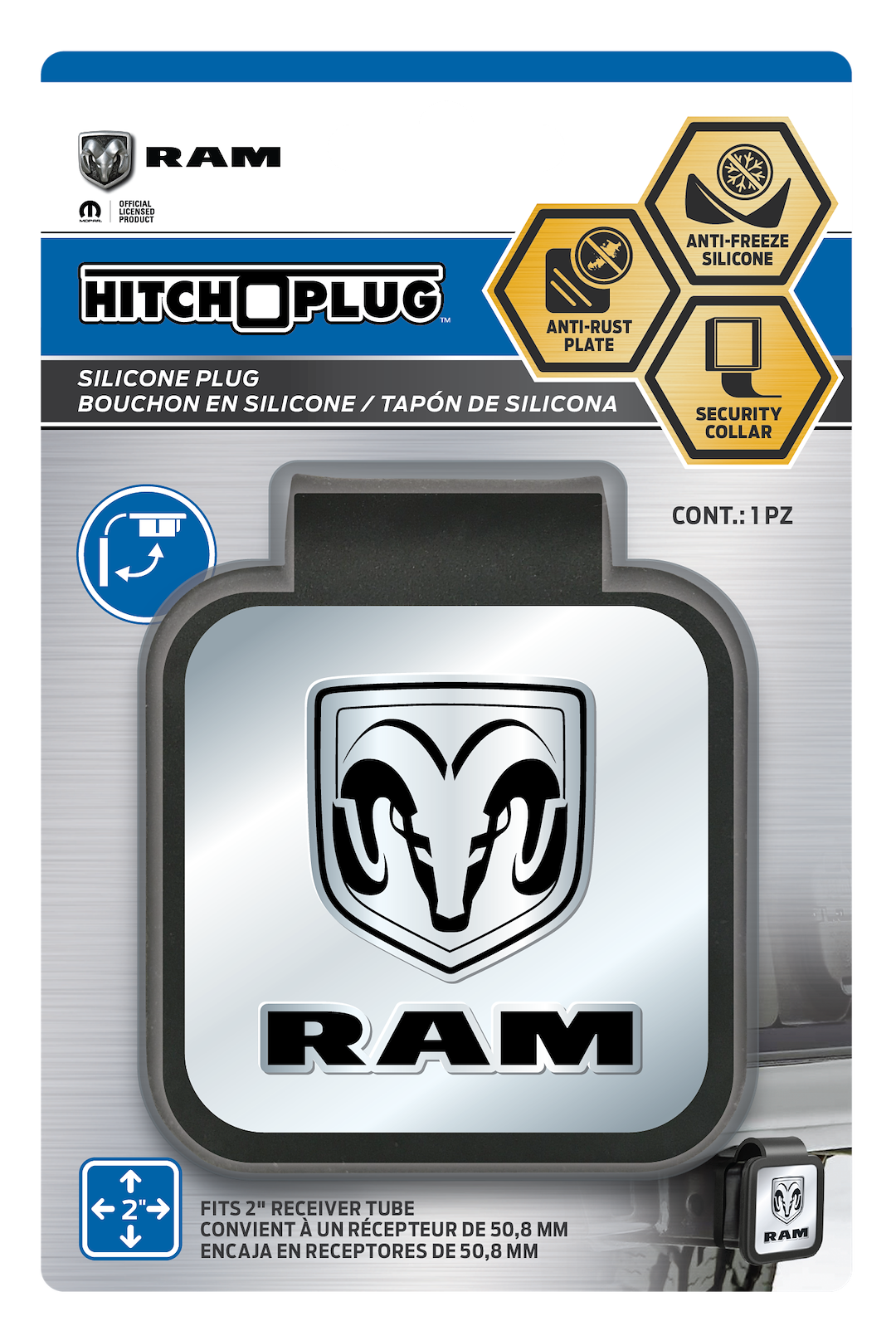 Plasticolor Universal Fit Trailer Hitch Cover 002303R01 - Ram Metal Plate Silicone Plug