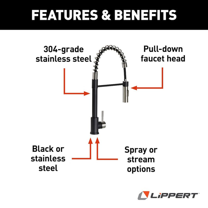 Lippert Comp Coiled Faucet With Toggle 2022109922 - Black SS Pull-Down