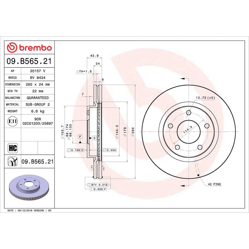 Brembo 09.B565.21 Original Equipment Standard - Discbrakerotor Venteddisc