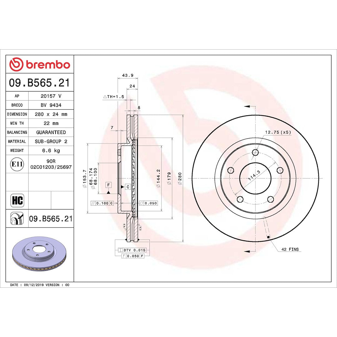 Brembo 09.B565.21 Original Equipment Standard - Discbrakerotor Venteddisc