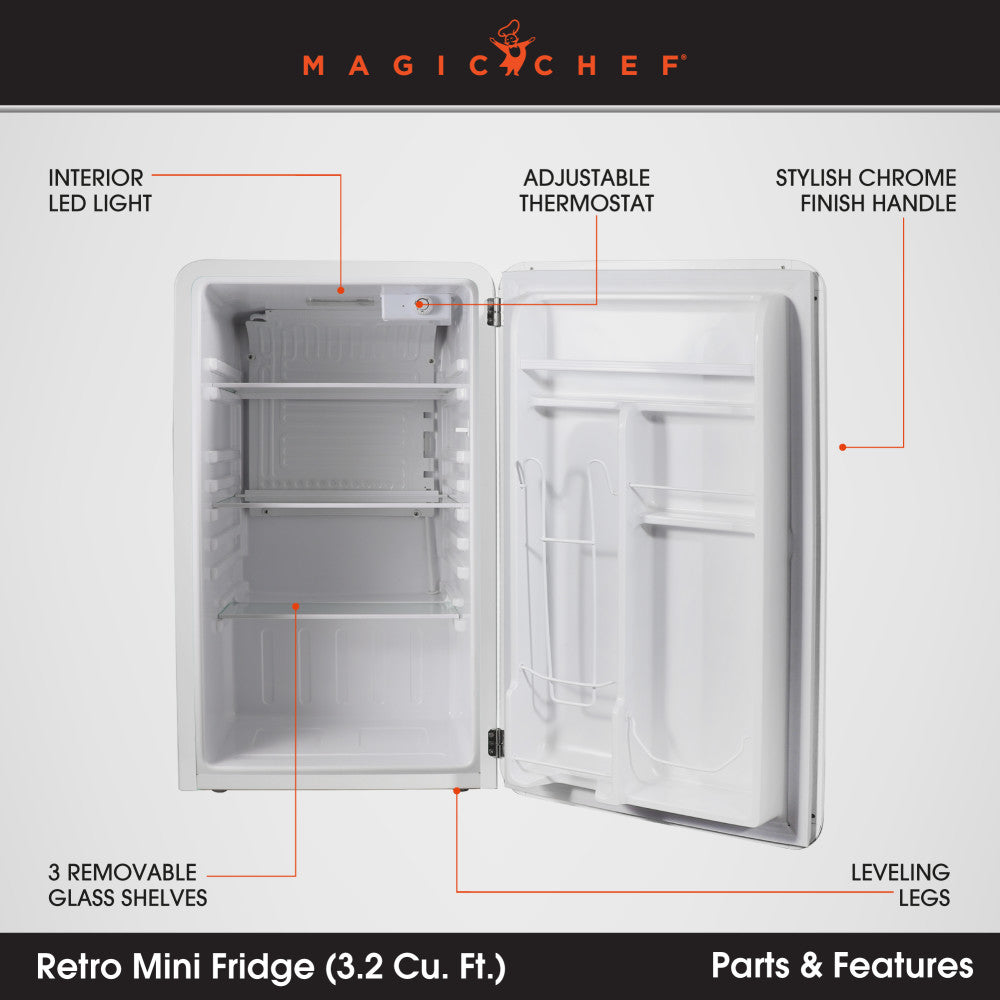 Magic Chef Easy To Manual Defrost Refrigerator MCR32CHW - 3.2 Cuft Refridgerator Retro