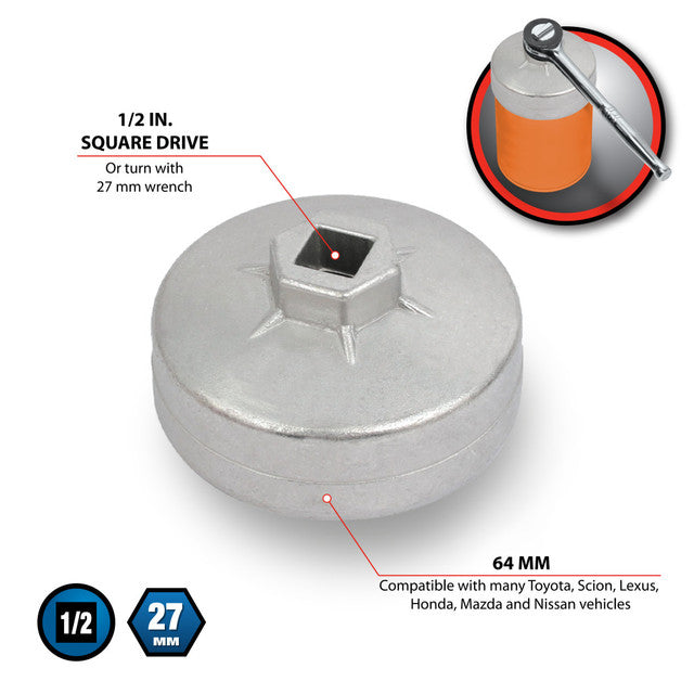 Perform Tool Square Drive Head Type Oil Filter Wrench C28128 - 64MM Cap