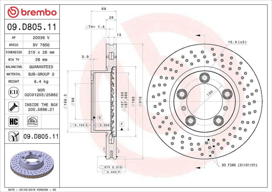 Brembo Rust-Resistant Coating Brake Rotor 09D80511C02 - Disc