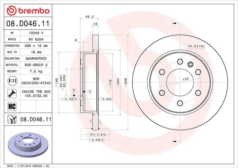 Brembo Rust-Resistant Coating Brake Rotor 08D04611C02 - Disc