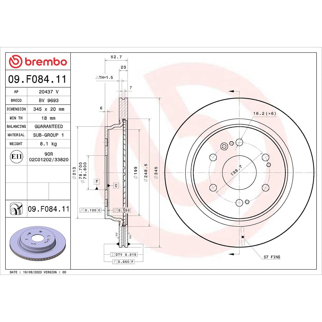 Brembo 09.F084.11 Original Equipment Standard - Discbrakerotor Venteddisc