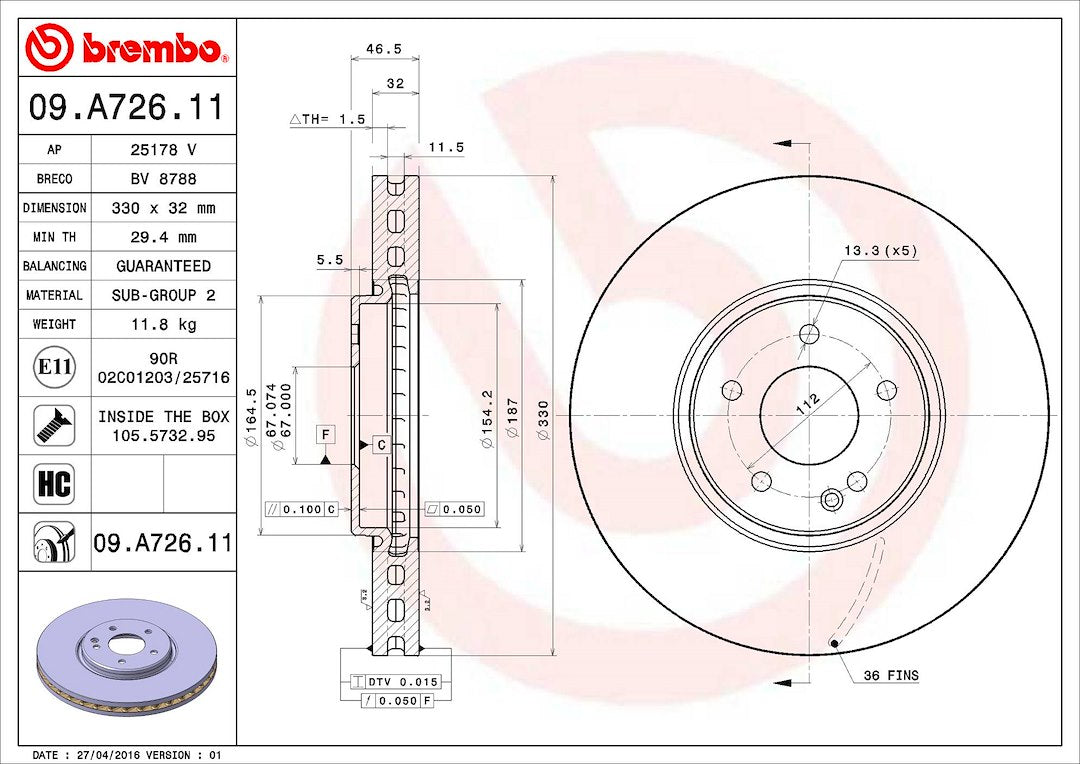 Brembo Components Not Hazardous To Health Brake Rotor 09A72611C02 - Disc