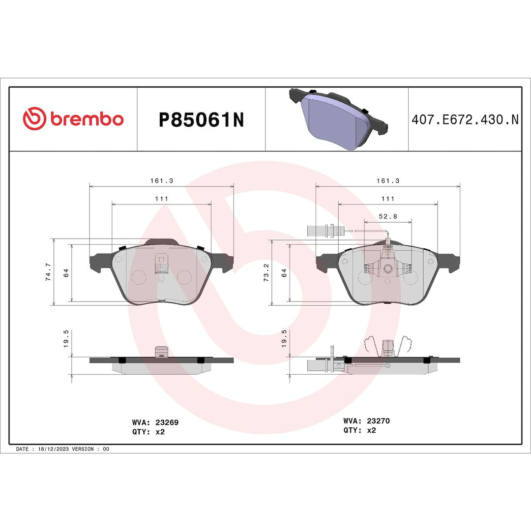 Brembo Premium Low-Met OE Equivalent Pad Brake Pad P85061N - Disc Set