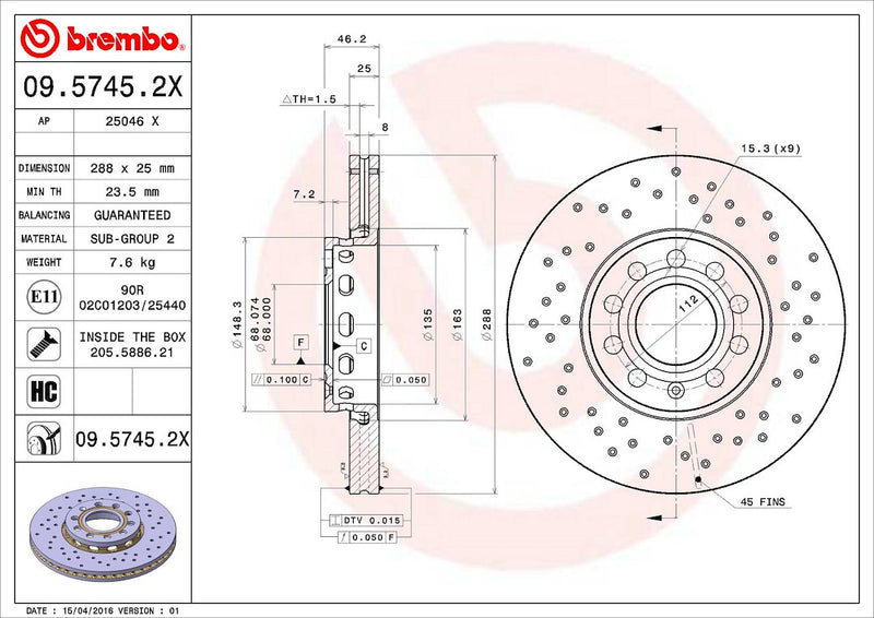 Brembo 0957452XC02 Brake Rotor