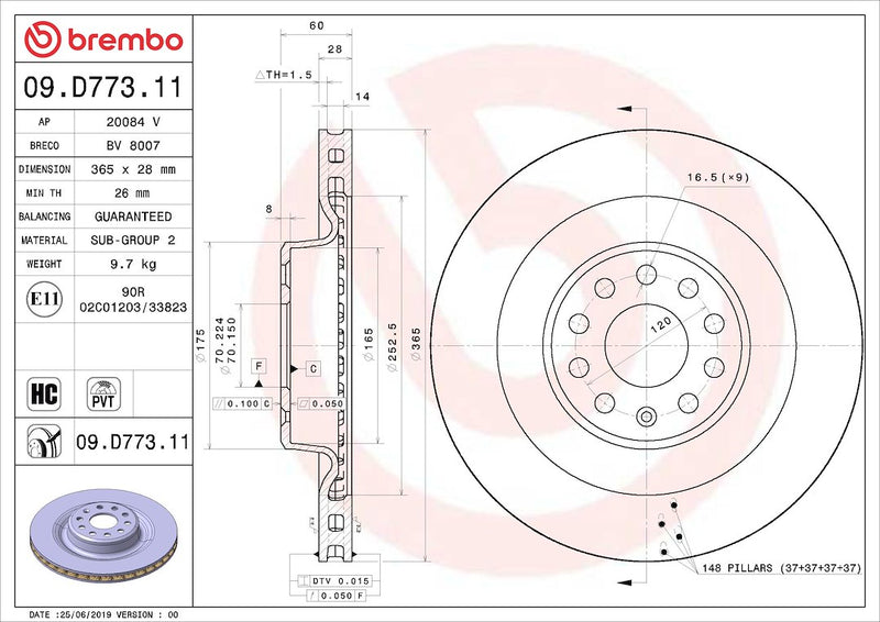 Brembo Rust-Resistant Coating Brake Rotor 09D77311C02 - Disc