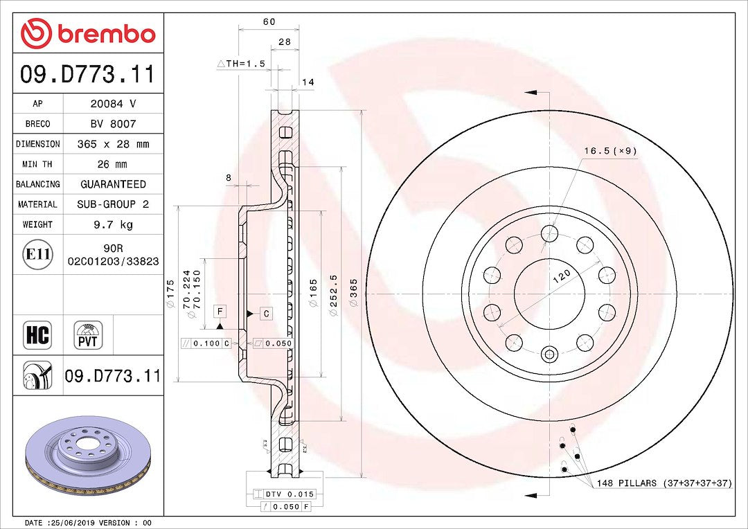 Brembo Rust-Resistant Coating Brake Rotor 09D77311C02 - Disc