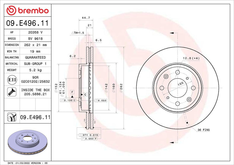 Brembo Rust-Resistant Coating Brake Rotor 09E49611C02 - Disc