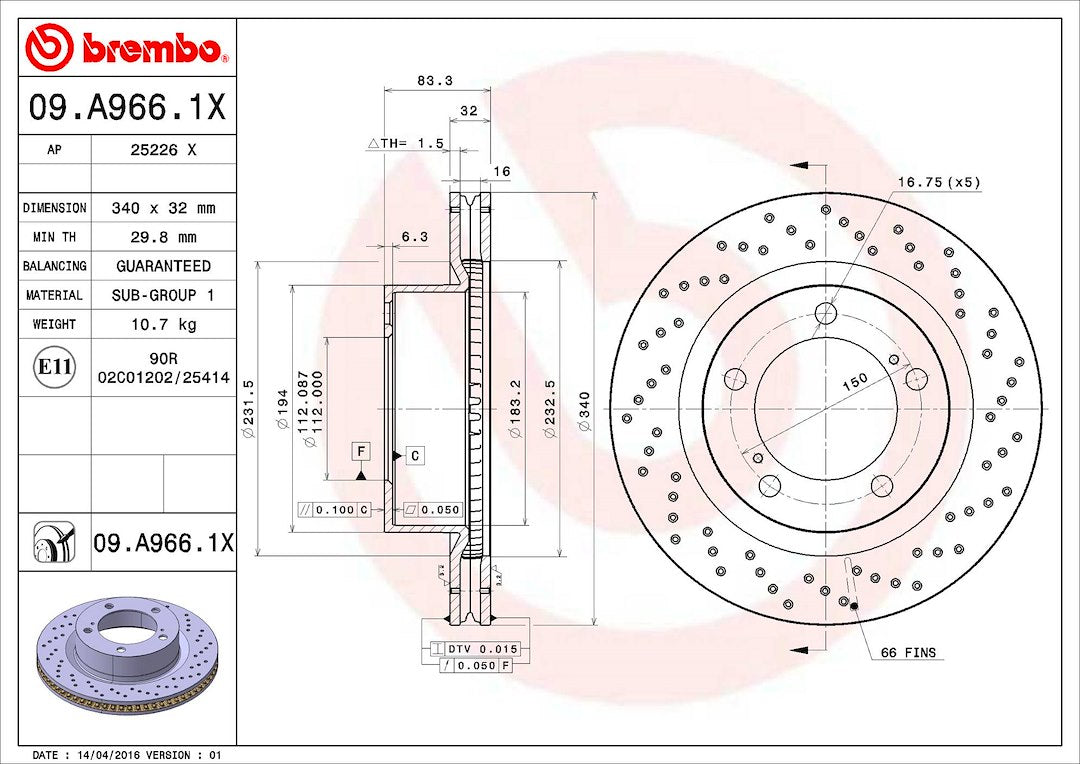Brembo 09A9661XC02 Brake Rotor