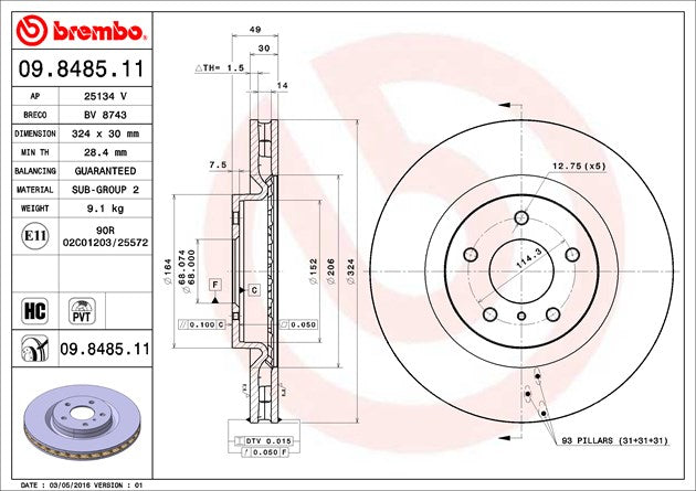Brembo 09848511C02 Brake Rotor