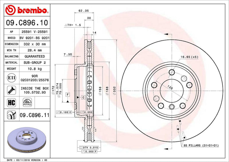 Brembo Components Not Hazardous To Health Brake Rotor 09C89611C02 - Disc