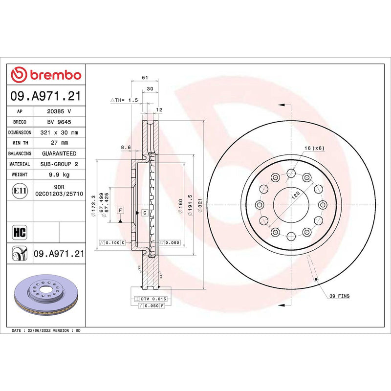 Brembo 09.A971.21 Original Equipment Standard - Discbrakerotor Venteddisc