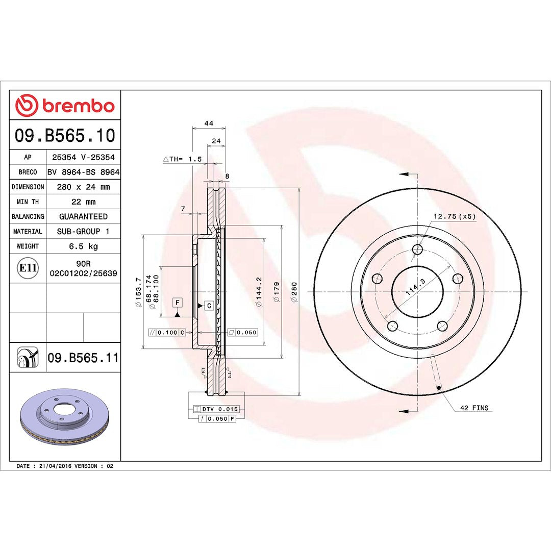 Brembo Rust-Resistant Coating Brake Rotor 09.B565.10 - Discbrakerotor Venteddisc