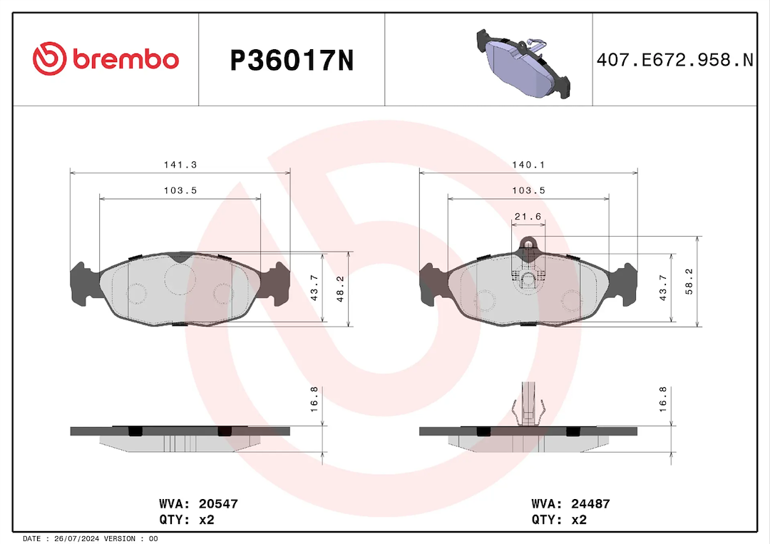 Brembo Premium Low-Met OE Equivalent Pad Brake Pad P36017N - Disc Set