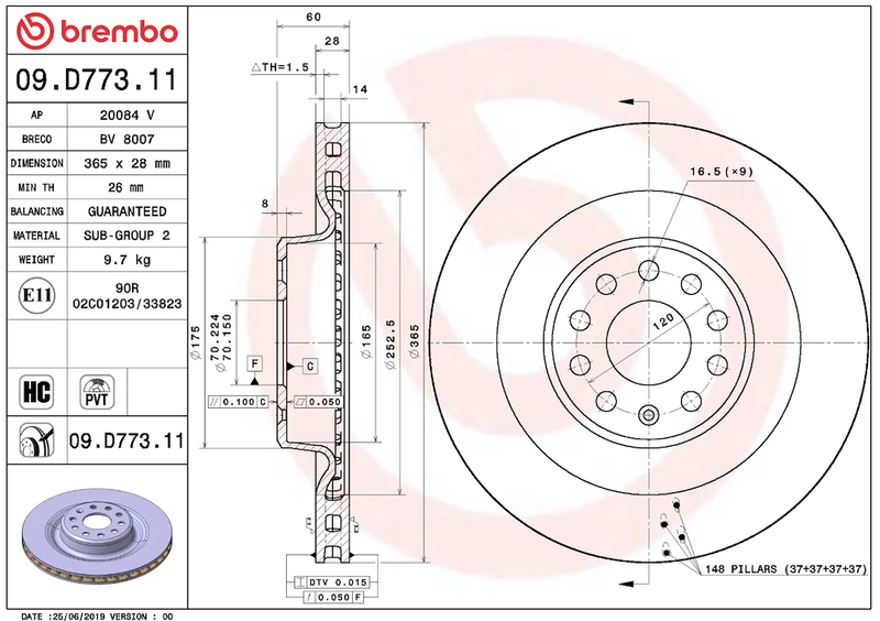 Brembo Rust-Resistant Coating Brake Rotor 09D77311C02 - Disc