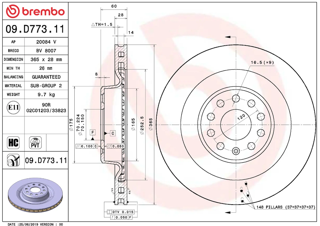 Brembo Rust-Resistant Coating Brake Rotor 09D77311C02 - Disc