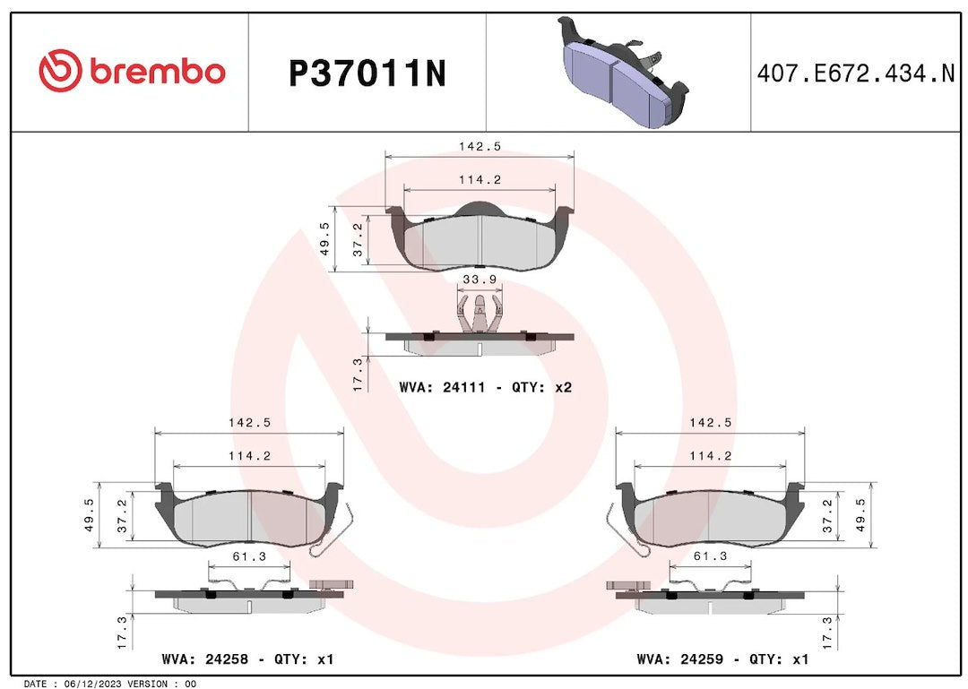 Brembo Premium Low-Met OE Equivalent Pad Brake Pad P37011N - Disc Set