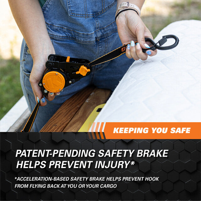 Hampton Prod Patent-Pending Built-In Safety Brake Tie Down Strap 43557 - X10 Retractable Ratchet